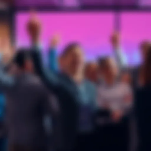 A group of people celebrating their financial recovery with smiles and raised hands, surrounded by charts showing positive growth.