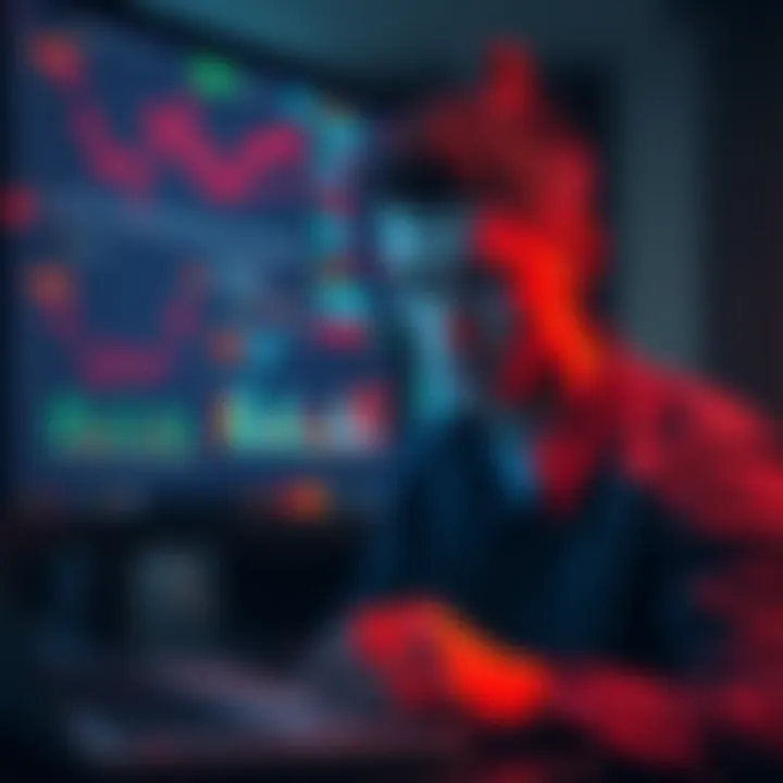 A person looking worried while managing virtual assets on Atlas Earth, with charts and graphs showing financial data on a screen.
