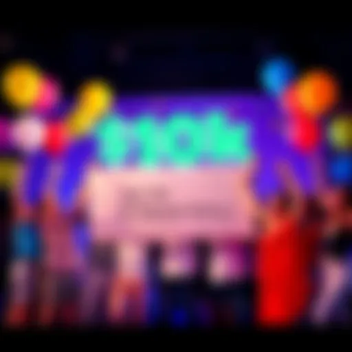 A group of people joyfully celebrating a financial milestone, with balloons and a large check displaying the amount.
