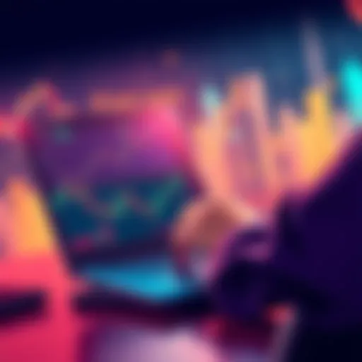 A digital illustration of a person using a laptop to trade cryptocurrencies, with charts and graphs on the screen.