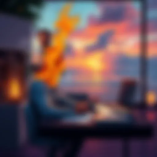 A person sitting at a table with a laptop and financial documents, dreaming of a vacation house by the beach, with HBAR crypto symbols in the background.