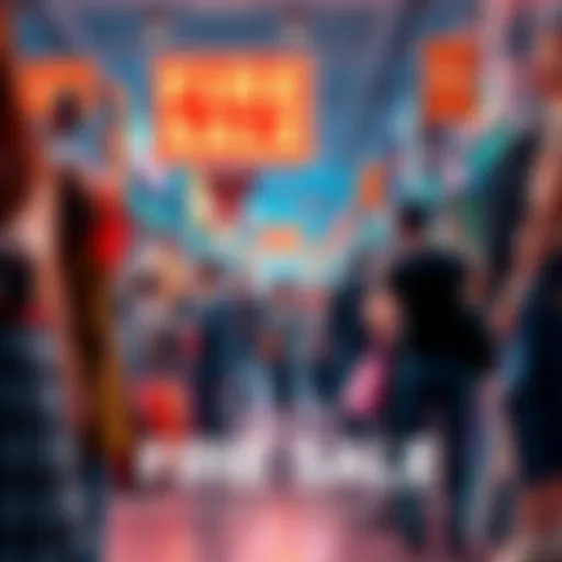 A vibrant scene of shoppers excitedly browsing through various discounted products at the 2025 Fire Sale event