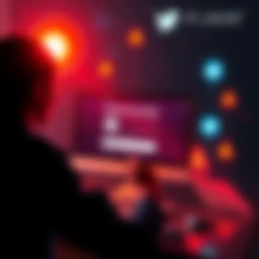 A person searching on a computer for information about the Flare airdrop link, surrounded by warning symbols and social media icons