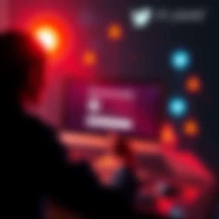 A person searching on a computer for information about the Flare airdrop link, surrounded by warning symbols and social media icons