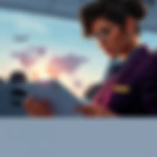 A flight attendant looks skeptical while checking a travel log, with images of an airplane and a world map in the background, representing the player's journey from Recale to Miami.
