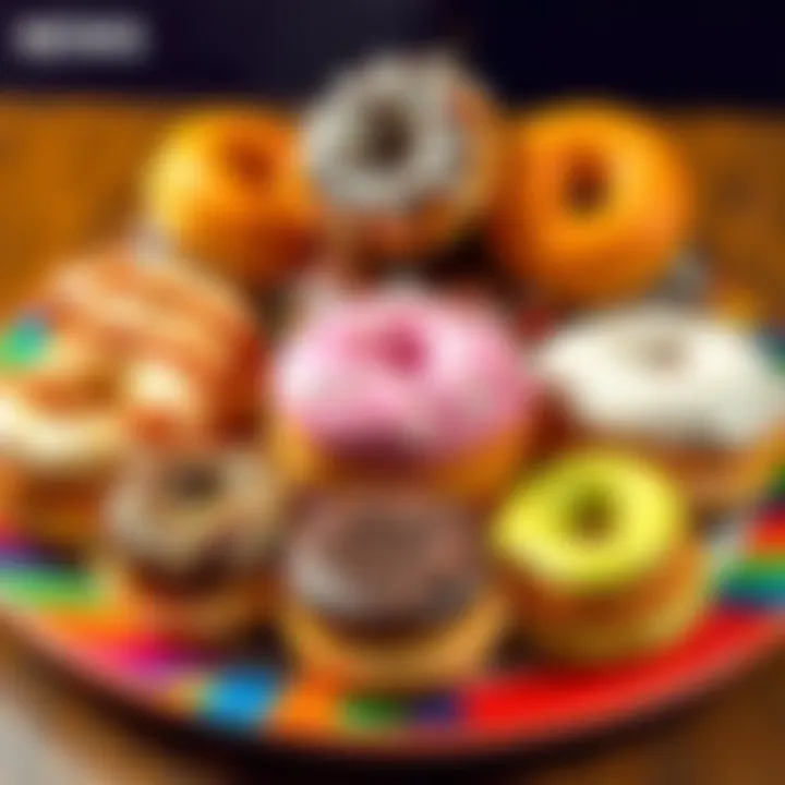 A delicious variety of flipped donuts displayed on a colorful plate, showcasing their unique shapes and toppings
