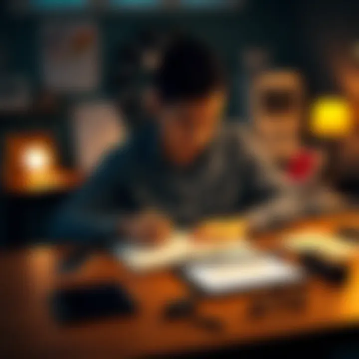 A person sitting at a desk with a notepad, writing down their goals while surrounded by distractions like a phone and a tablet.