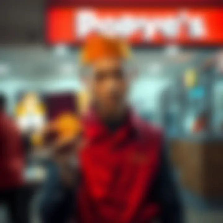 A Popeye's food worker looks concerned while holding a smartphone displaying cryptocurrency symbols, reflecting the pressure of chasing quick wealth in an unstable market.