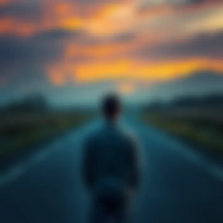 A person standing at a fork in the road, contemplating which direction to take, with a thoughtful expression.