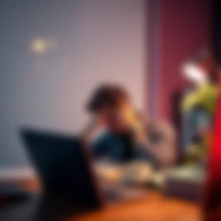 A freelancer appears stressed while looking at their laptop, reflecting on a recent scam experience on an online platform.