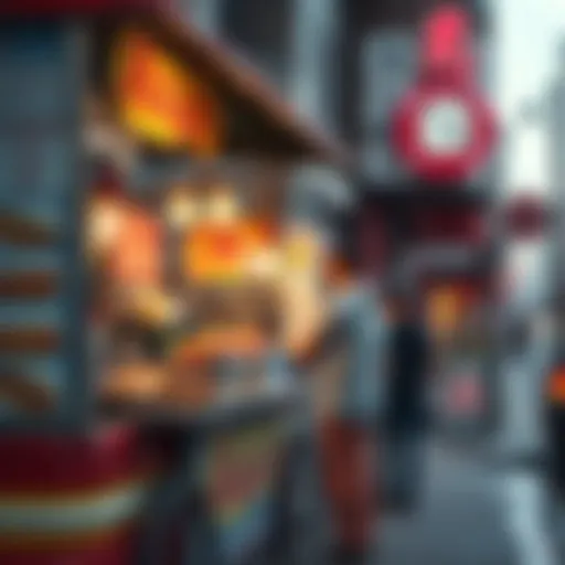 A vendor serving fresh Kaspa hot dogs with toppings at a busy street corner.