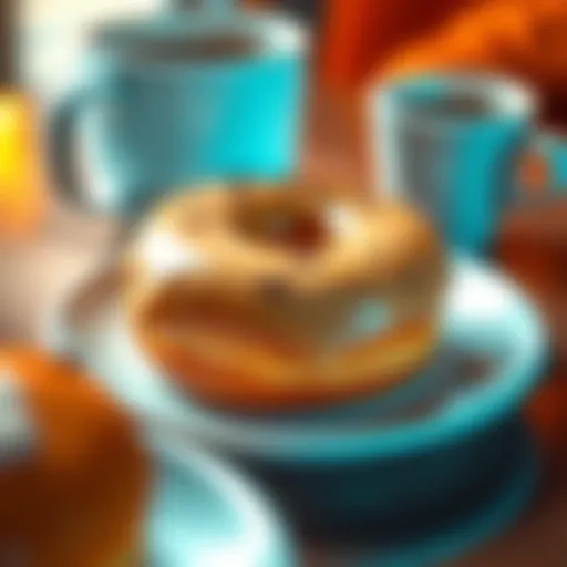 A close-up of a freshly glazed donut on a plate, with a coffee cup in the background