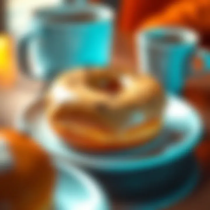 A close-up of a freshly glazed donut on a plate, with a coffee cup in the background