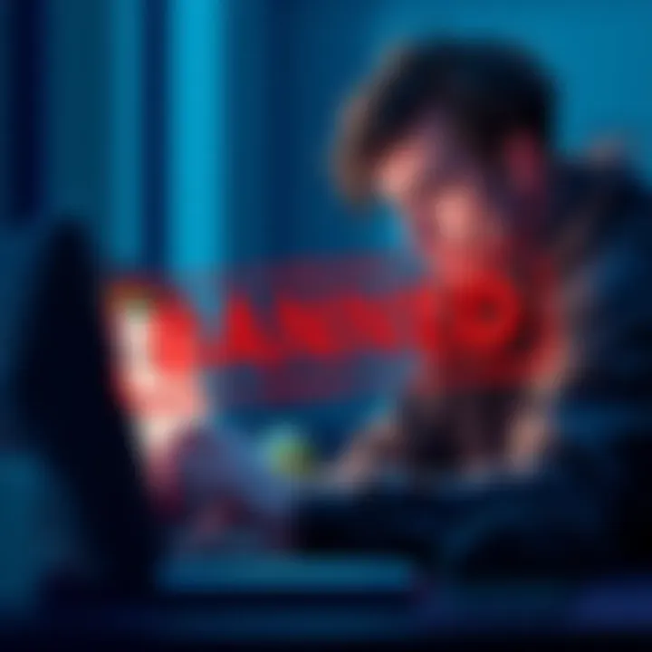 A person looking shocked while reading a forum on a laptop, with a message showing they have been banned.