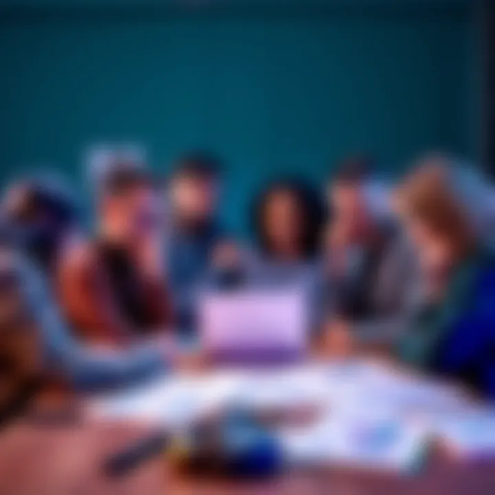 A group of friends gathered around a table, looking at a laptop and discussing cryptocurrency investments with charts and notes spread out