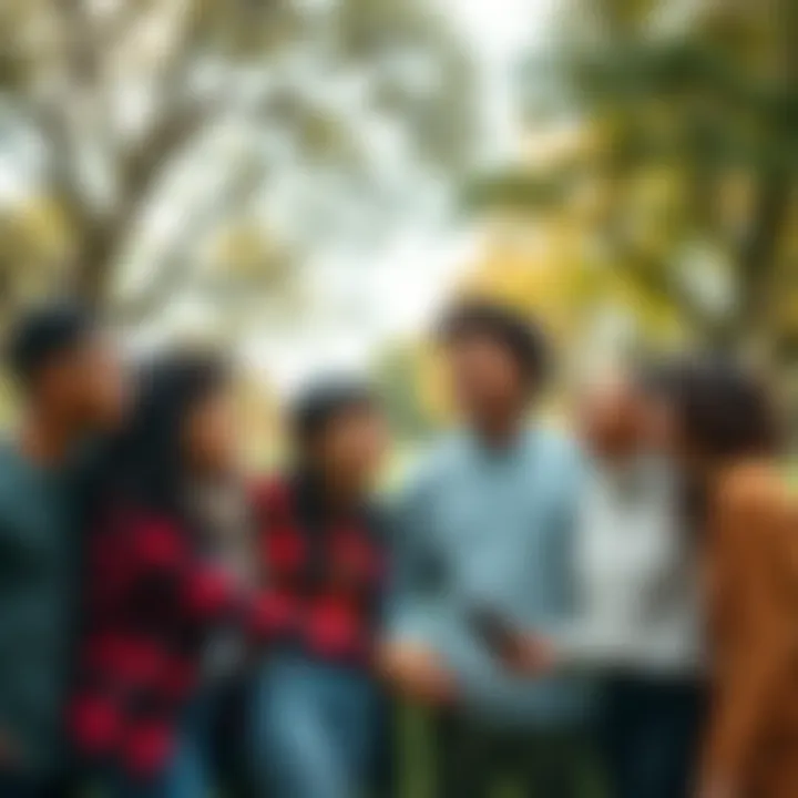 A diverse group of friends laughing and supporting each other in a park setting.