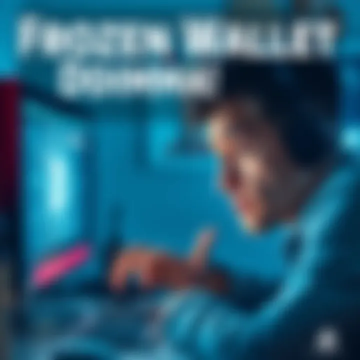 A worried person looking at their computer screen with a frustrated expression, showing a frozen wallet notification on the display, symbolizing financial struggle.