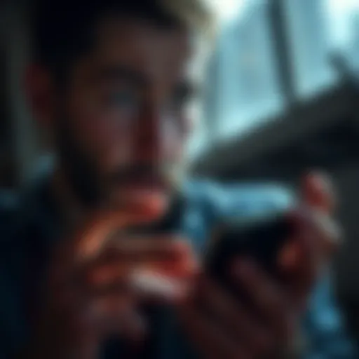 A person looking frustrated while holding a smartphone, showing error messages related to account recovery attempts.