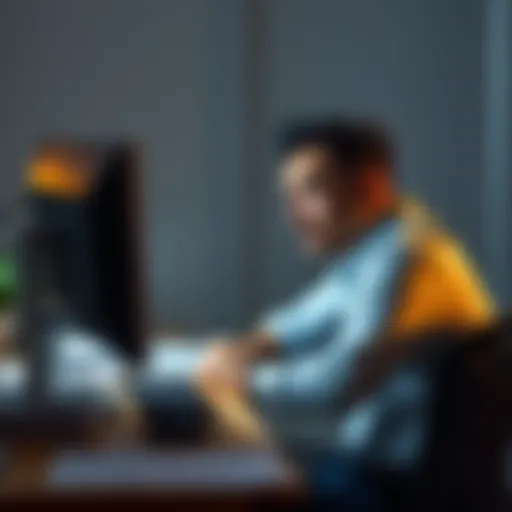 A frustrated customer sits at a desk looking at a computer, with an empty space where a charger should be. There are papers scattered around and a worried expression on the buyer's face.