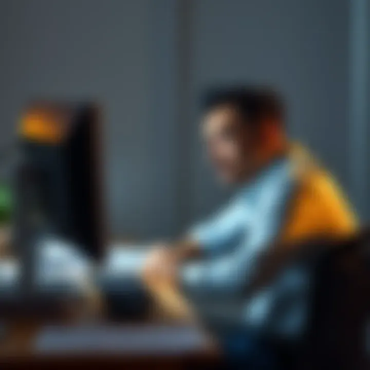 A frustrated customer sits at a desk looking at a computer, with an empty space where a charger should be. There are papers scattered around and a worried expression on the buyer's face.