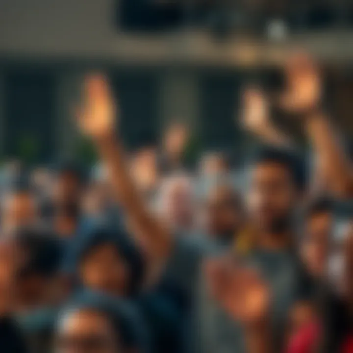 A diverse group of people expressing frustration at a community meeting, with raised hands and frowns, signaling a desire for change.