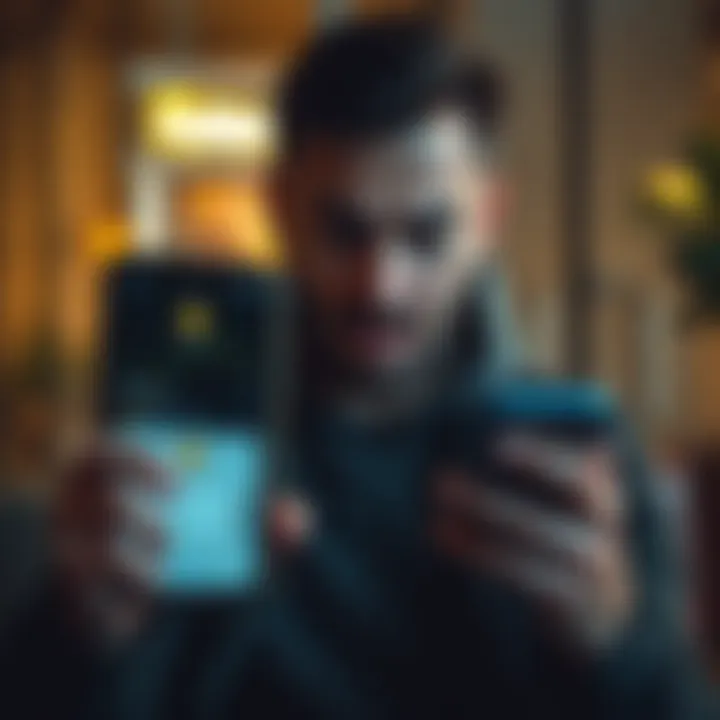 A person looking stressed while holding a phone with a crypto app on the screen, showing account limitations and withdrawal issues