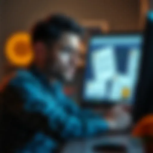 A customer looks frustrated while sitting at a computer, with support ticket emails open on the screen, symbolizing issues with a crypto withdrawal, contemplating legal action.