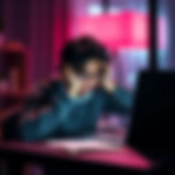 A frustrated person sitting at a desk with a laptop, displaying disappointment over Coinbase's customer support issues.