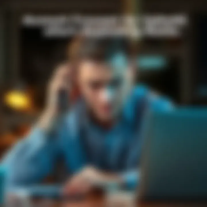 A frustrated customer sitting at a desk, holding a phone to their ear with a worried expression, showing frustration over a frozen account issue
