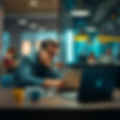 A frustrated customer sitting at a table with a laptop, expressing dissatisfaction while speaking on the phone about fraud recovery with Revolut.