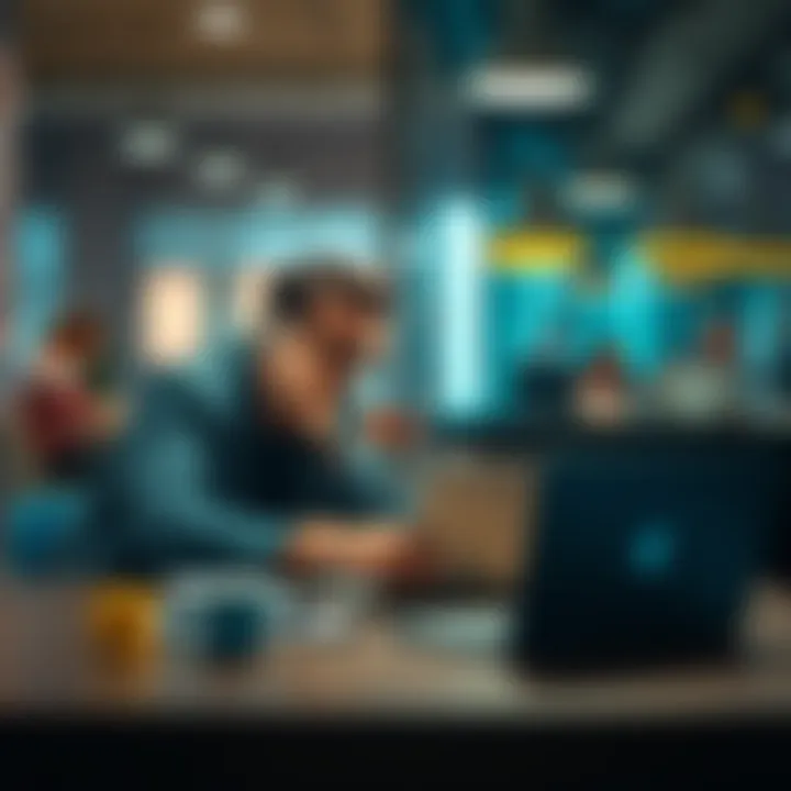A frustrated customer sitting at a table with a laptop, expressing dissatisfaction while speaking on the phone about fraud recovery with Revolut.