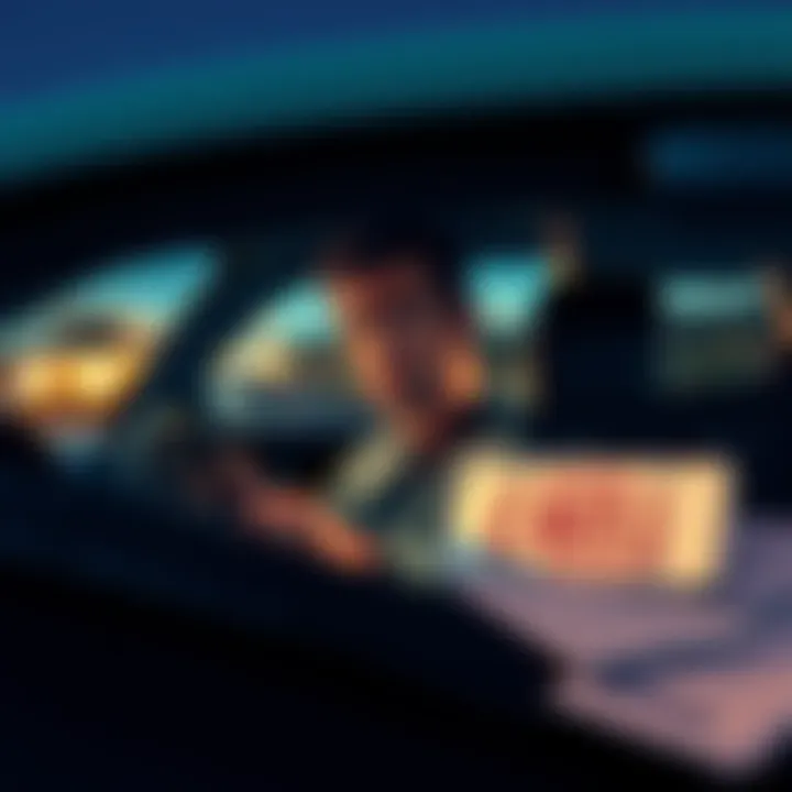 A driver sitting in their car, looking worriedly at an expired temporary car plate, with paperwork scattered around.