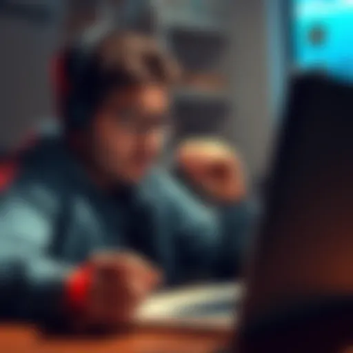 A gamer looks stressed while viewing survey questions on a laptop, representing challenges in earning AB points.