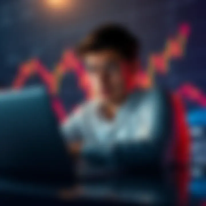 A person looking stressed while selling XRP on a laptop, with a graph showing falling prices in the background.