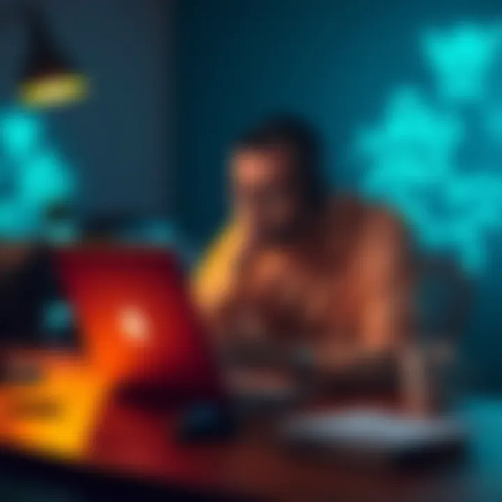 A frustrated person sitting at a desk with a laptop, looking at unresponsive support tickets from Kraken.