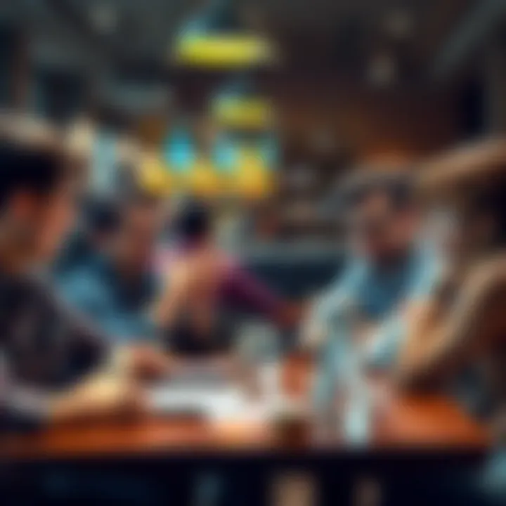 A group of people showing frustration while discussing the ongoing Ripple vs SEC legal battle in a coffee shop