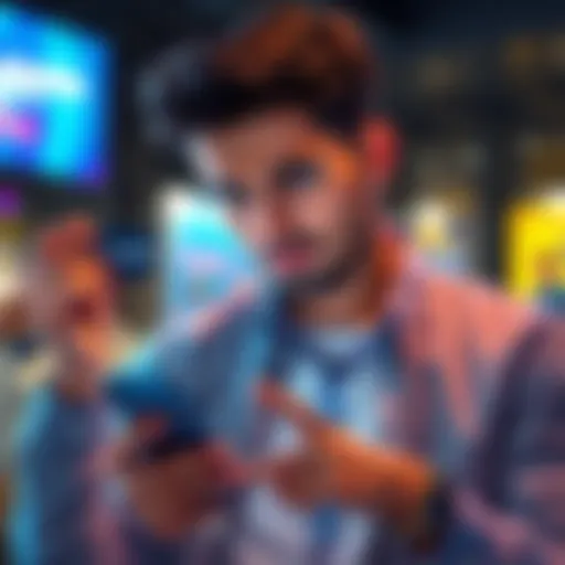 A person with a frustrated expression is holding a card and a phone, checking for help on a user forum. They seem to be having trouble topping up their card despite having enough funds.