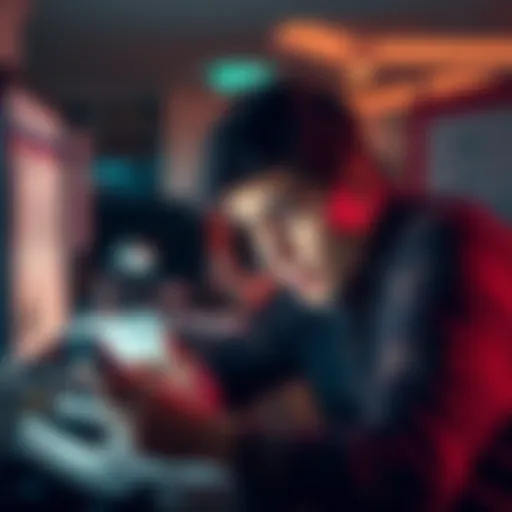 A person looking at their phone or computer with a confused and frustrated expression, checking their bank account for a missing withdrawal, surrounded by bills and paperwork.