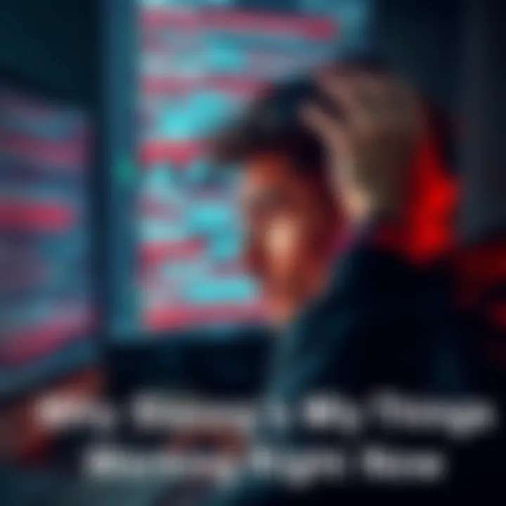 A person appears frustrated while staring at a computer screen filled with error messages, with hands on their head