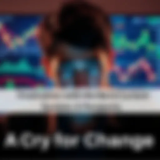 A frustrated individual staring at a computer screen filled with financial graphs and charts, symbolizing struggles with the current financial system.