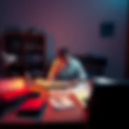 A person with a frustrated expression sitting at a desk covered with papers and a laptop, searching for answers.