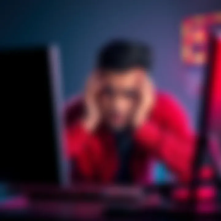 An individual looks distressed while trying to access their computer, showing concern over identity theft and fake accounts.
