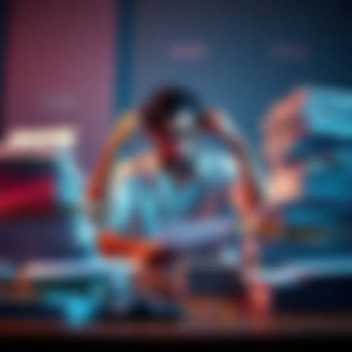 A person sitting at a desk, surrounded by stacks of paperwork with a look of frustration, representing the struggles of the KYC process in the Bahamas