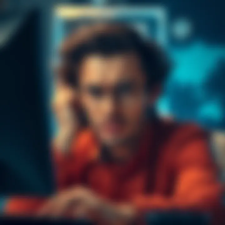 A person looking at a computer screen with a worried expression, showing distress over a locked account, with a help desk in the background