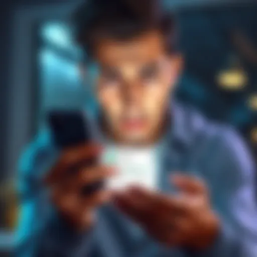 A person with a worried expression looking at their phone, showing a financial app with frozen funds on the screen