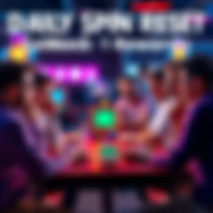 A group of players expressing frustration over daily spin resets and reward claims at a table with game devices.