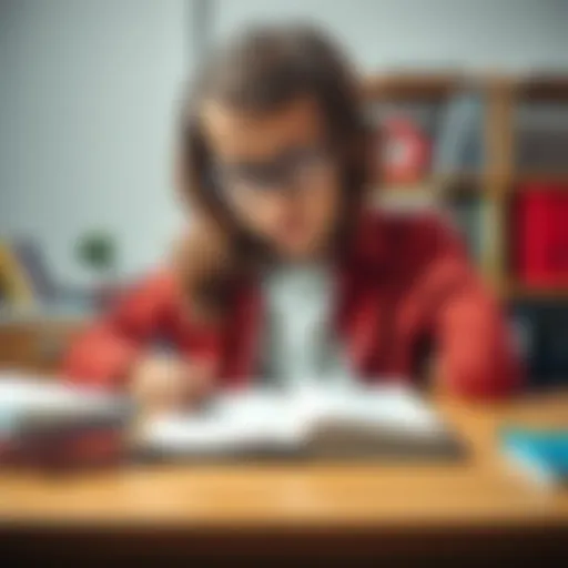 A student sits at a desk looking puzzled while studying math problems on a notebook.
