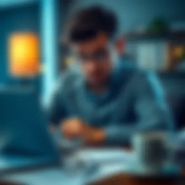 A person looking frustrated while filling out a long survey on a laptop, surrounded by papers and a coffee cup