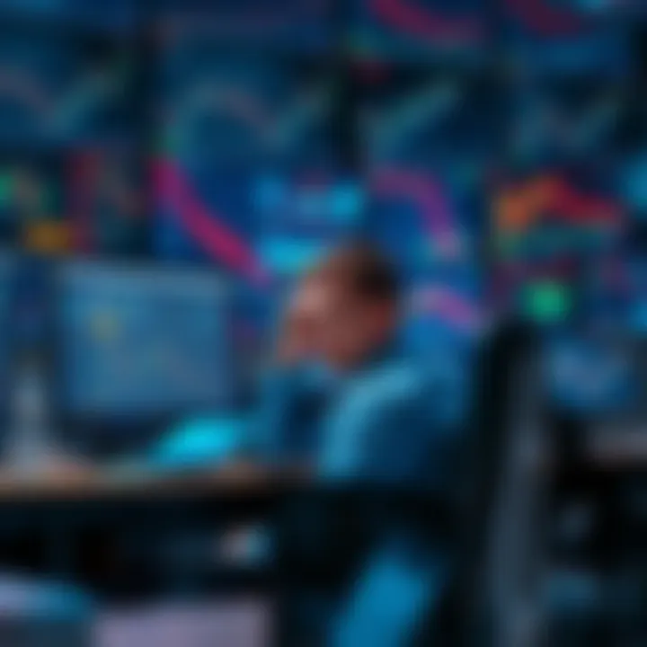 A trader sitting at a desk, looking frustrated while staring at multiple screens showing stock charts and trading options.