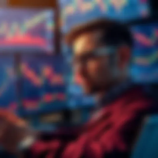 A trader looking stressed while examining financial charts on multiple screens, symbolizing challenges in trading meme coins.
